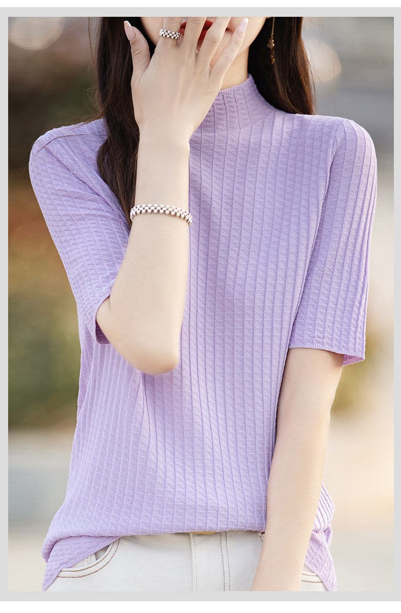 イエベ春/イエベ秋服 縦リブ編みモックネック半袖ニットトップス