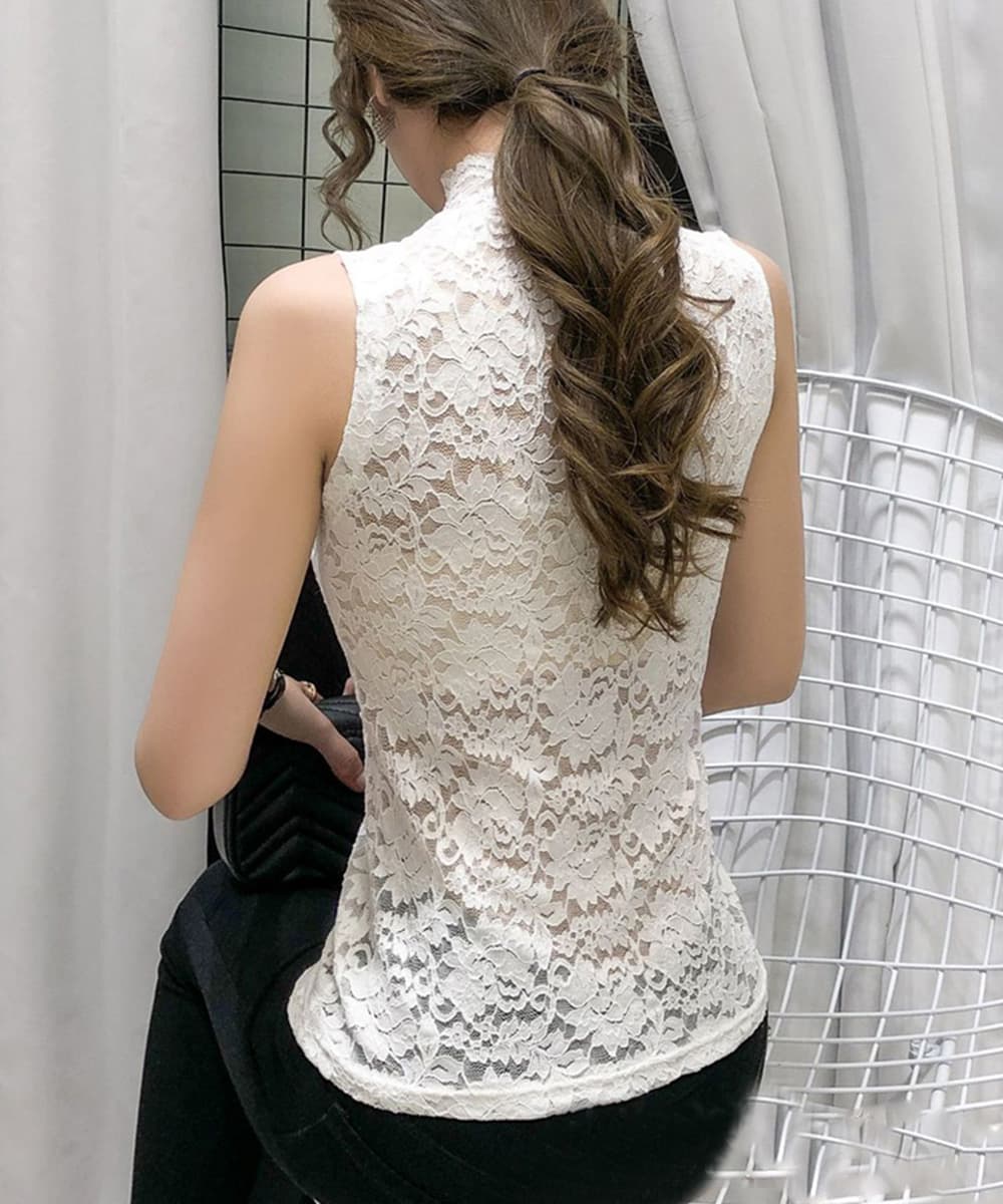 イエベ春/イエベ秋服 レース立ち襟ブラウス 透け感ノースリーブ重ね着シャツ
