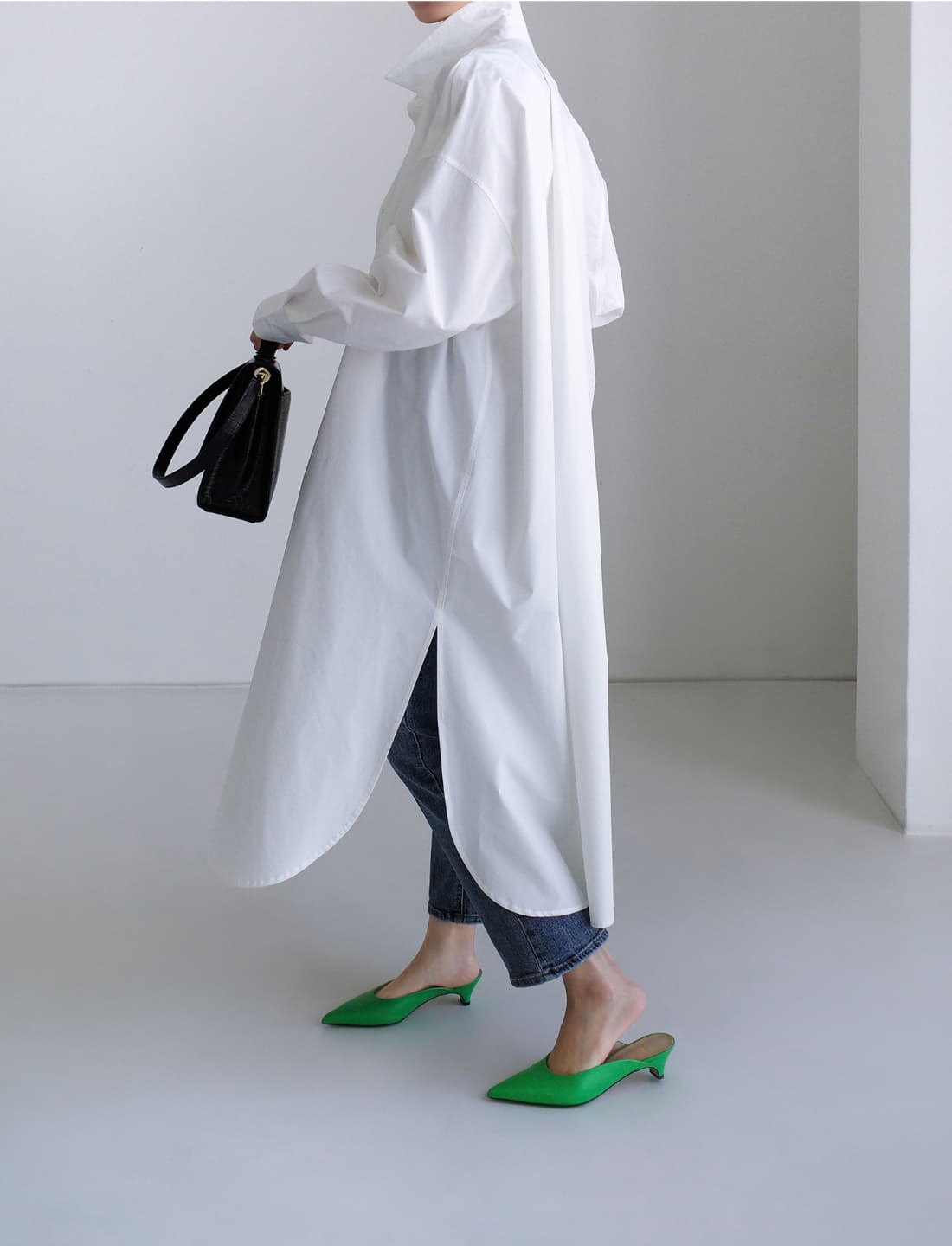 イエベ春服 洗練ゆったりマキシシャツワンピース
