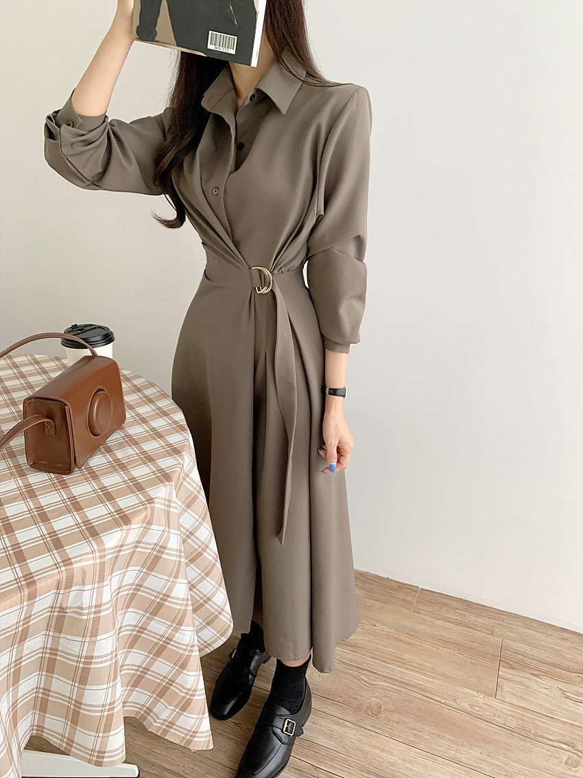 イエベ春/イエベ秋服 上品シルエット ベルテッドシャツワンピース
