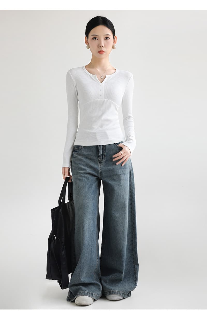 イエベ春服 ヘンリーネックリブ編み長袖Tシャツ