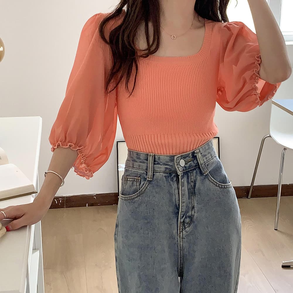 イエベ春/イエベ秋服 スクエアネック シフォン袖 ニットトップス