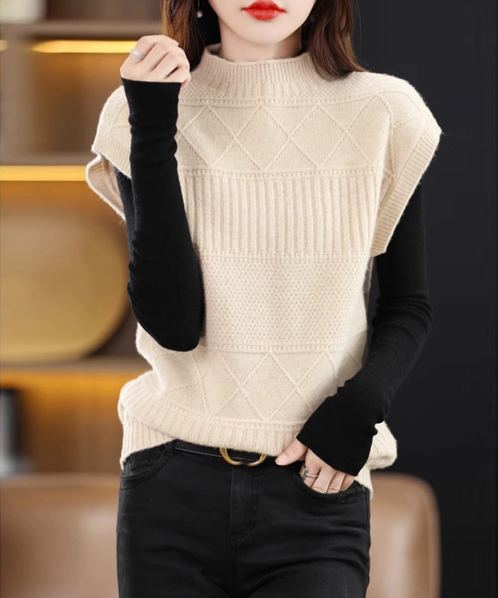 イエベ春/イエベ秋服 立体編みプチハイネックニットベスト重ね着