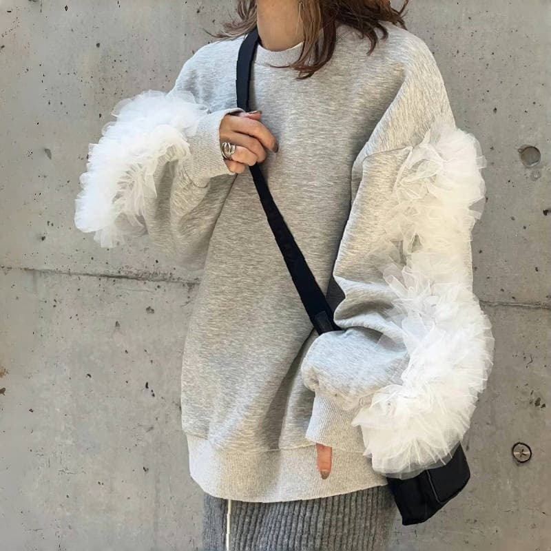イエベ春/イエベ秋服 韓国風チュール袖飾りスウェット上品レディース