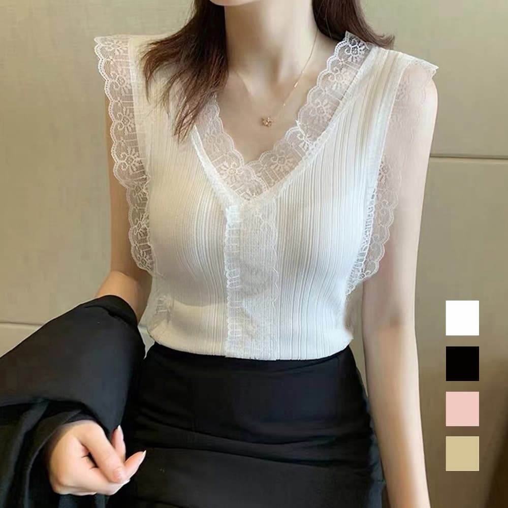 イエベ春/イエベ秋服 レース襟 リブキャミブラウス 上品シャツ