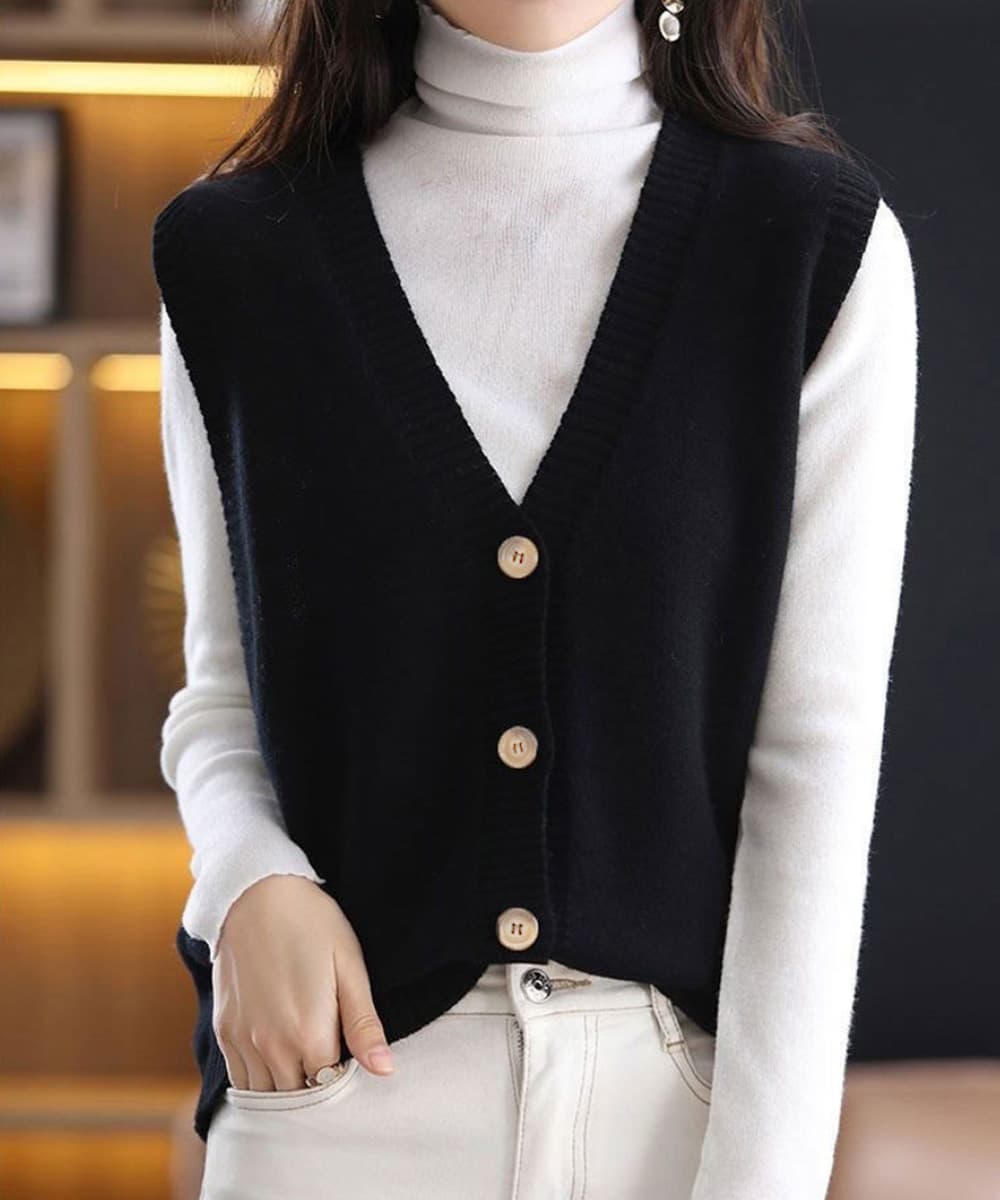イエベ春/イエベ秋服 前開きボタンニットベスト体型カバー重ね着ニット