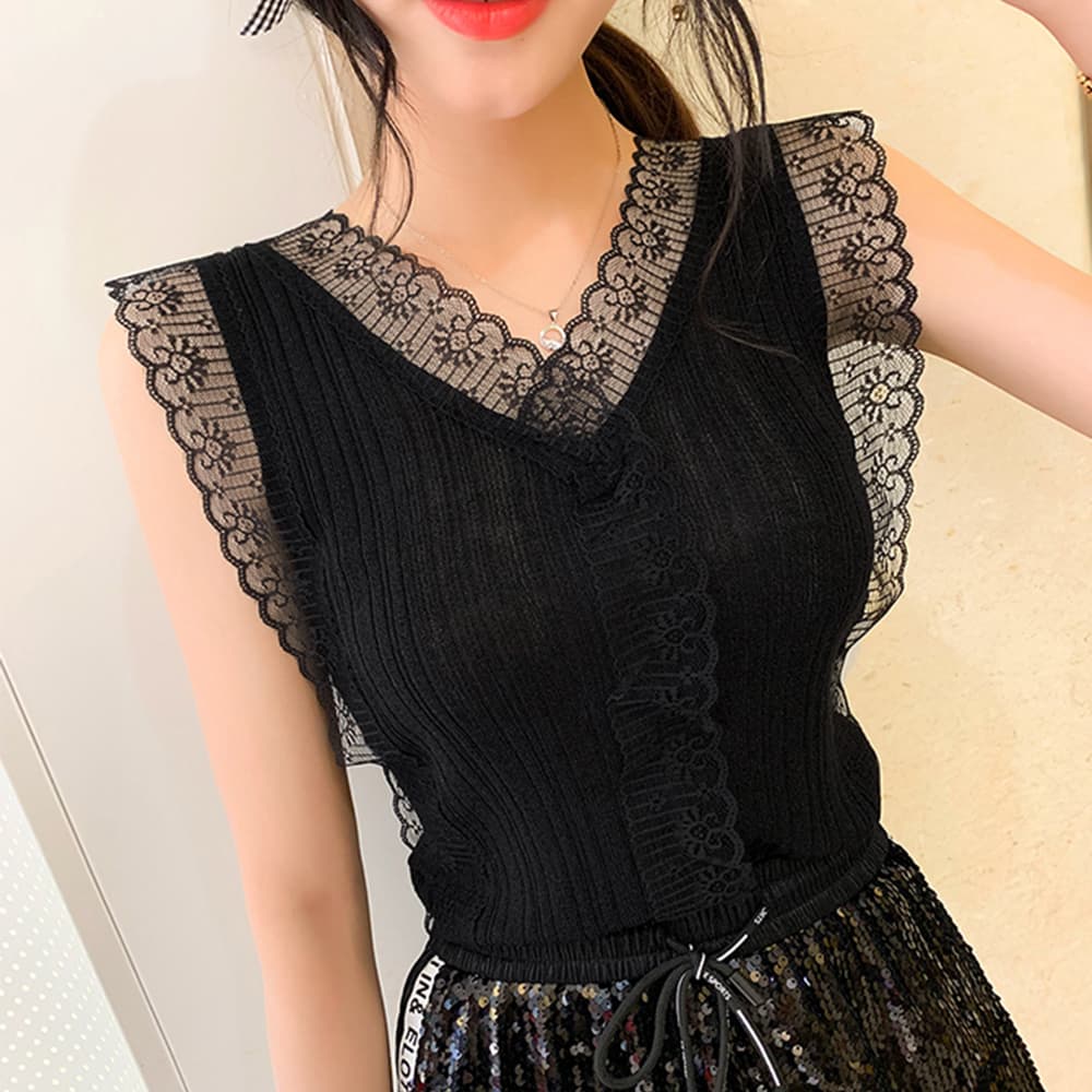 イエベ春/イエベ秋服 レース襟 リブキャミブラウス 上品シャツ