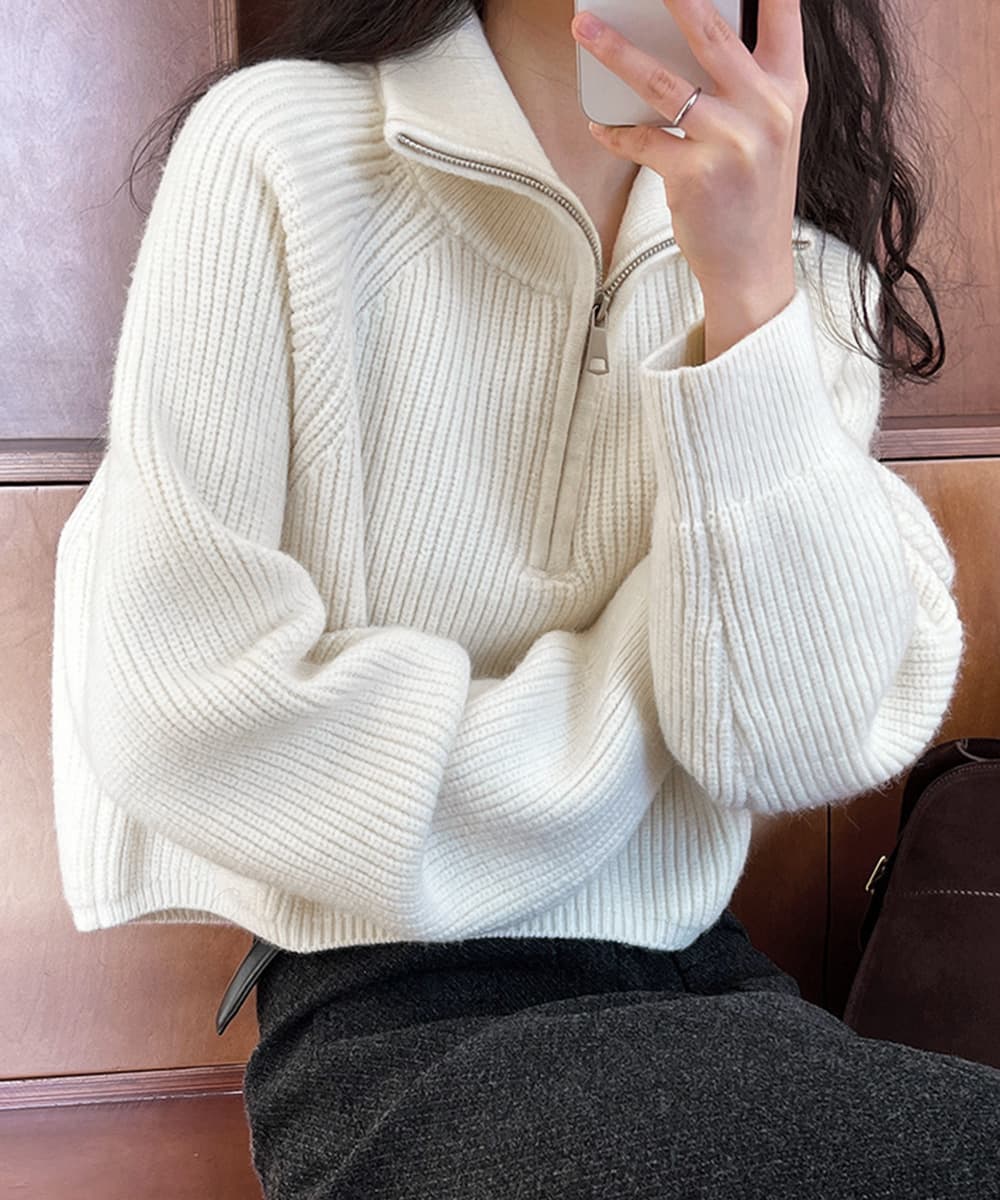 イエベ春/イエベ秋服 ハーフファスナー ショート丈 ニット レディース