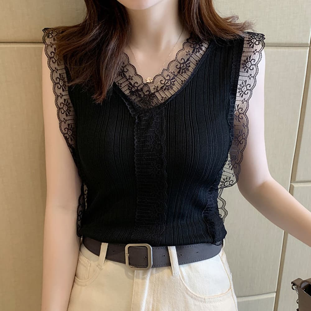 イエベ春/イエベ秋服 レース襟 リブキャミブラウス 上品シャツ