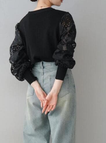 イエベ春服 レディース透かし編みレースブラウス長袖