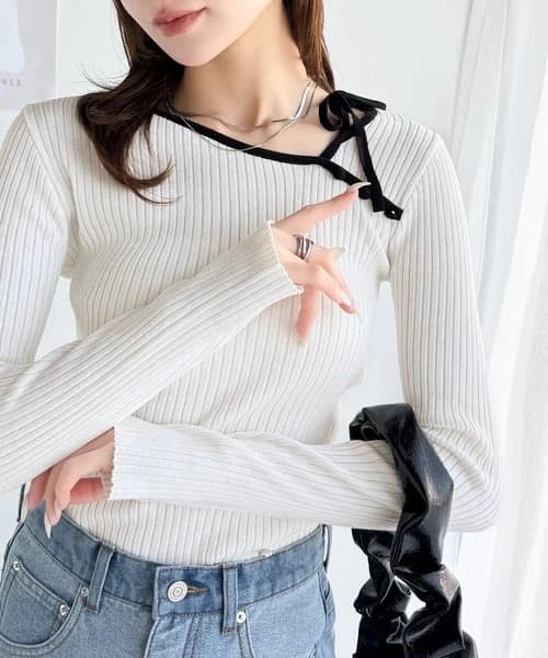 イエベ春/イエベ秋服 リボン結び細リブ柔らかニット