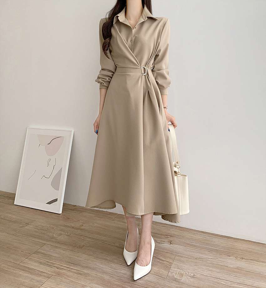 イエベ春/イエベ秋服 上品シルエット ベルテッドシャツワンピース