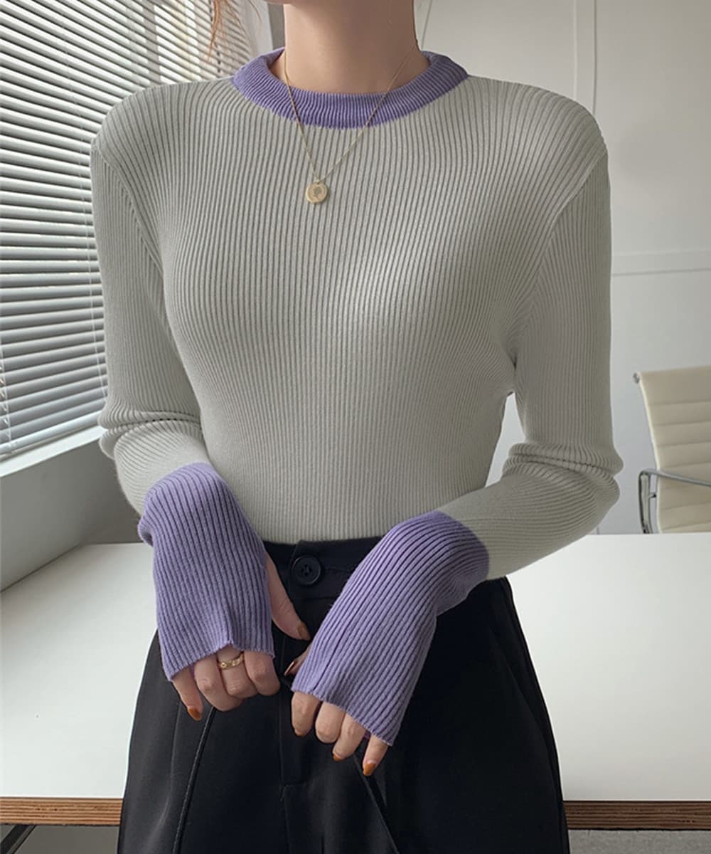 イエベ春/イエベ秋服 配色ニット 指穴付きリブニットプルオーバー