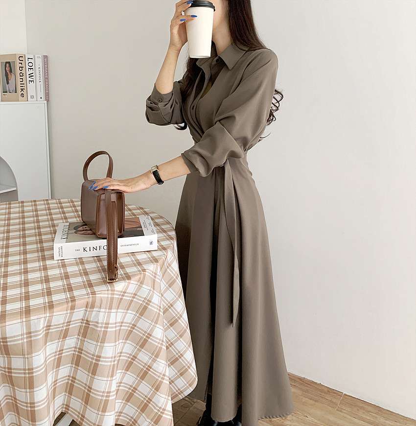 イエベ春/イエベ秋服 上品シルエット ベルテッドシャツワンピース