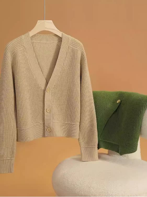 イエベ春/イエベ秋服 上品ワッフル編み前開きカーディガン