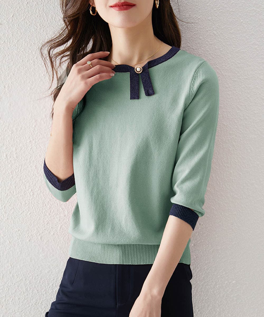 イエベ春/イエベ秋服 配色リボン付き七分袖ニット