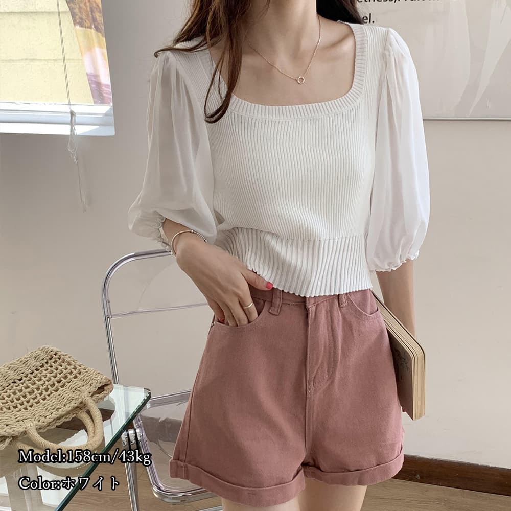 イエベ春/イエベ秋服 スクエアネック シフォン袖 ニットトップス