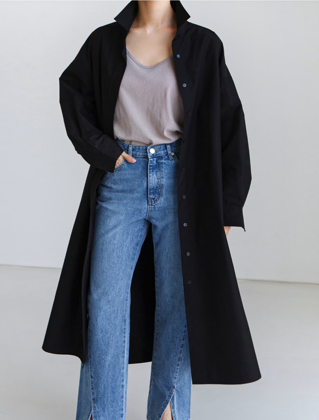 イエベ春服 洗練ゆったりマキシシャツワンピース
