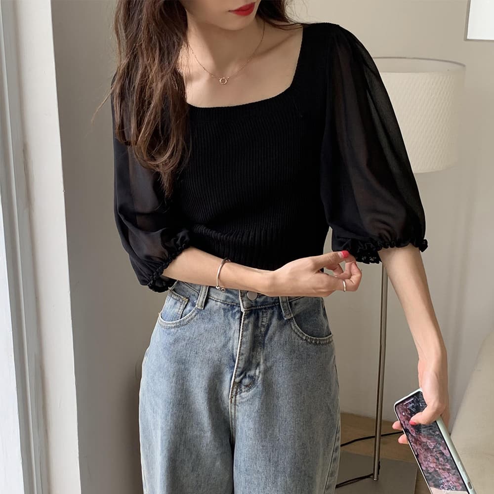 イエベ春/イエベ秋服 スクエアネック シフォン袖 ニットトップス