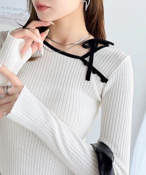 イエベ春/イエベ秋服 リボン結び細リブ柔らかニット