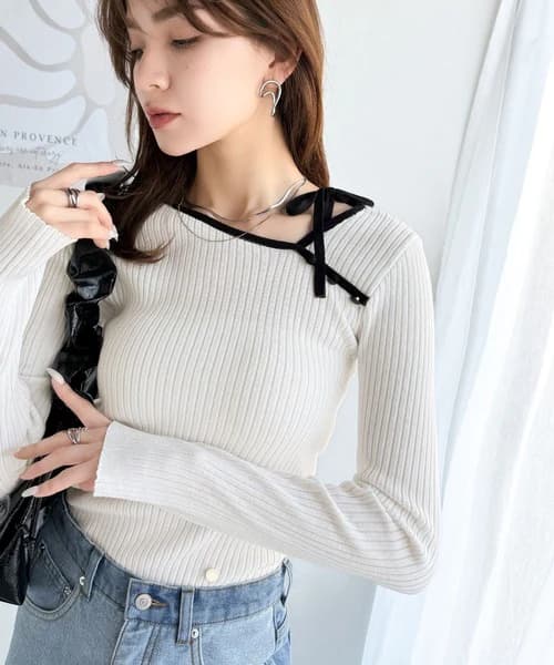 イエベ春/イエベ秋服 リボン結び細リブ柔らかニット