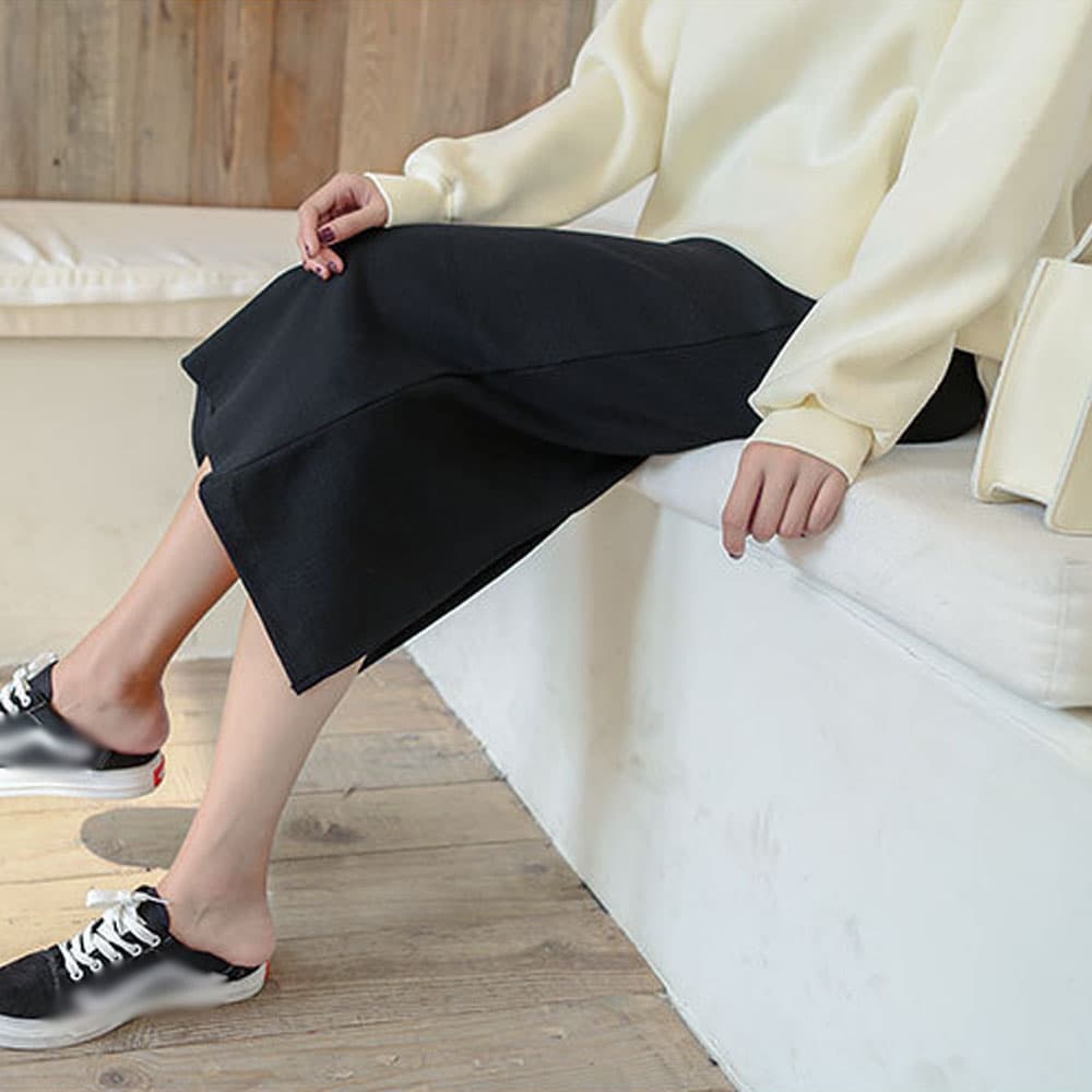イエベ春/イエベ秋服 リブニットロングタイトスカート ミモレ丈スリット