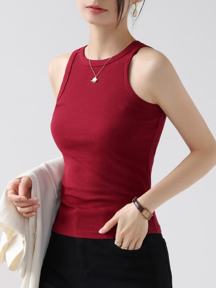 イエベ春/イエベ秋服 リブ編み丸首ノースリーブトップス