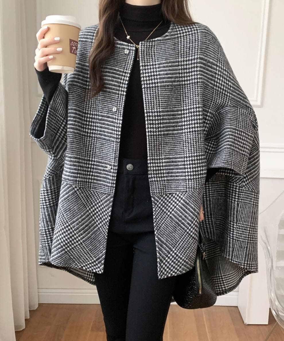 イエベ秋服 千鳥格子柄ノーカラーオーバーサイズコート
