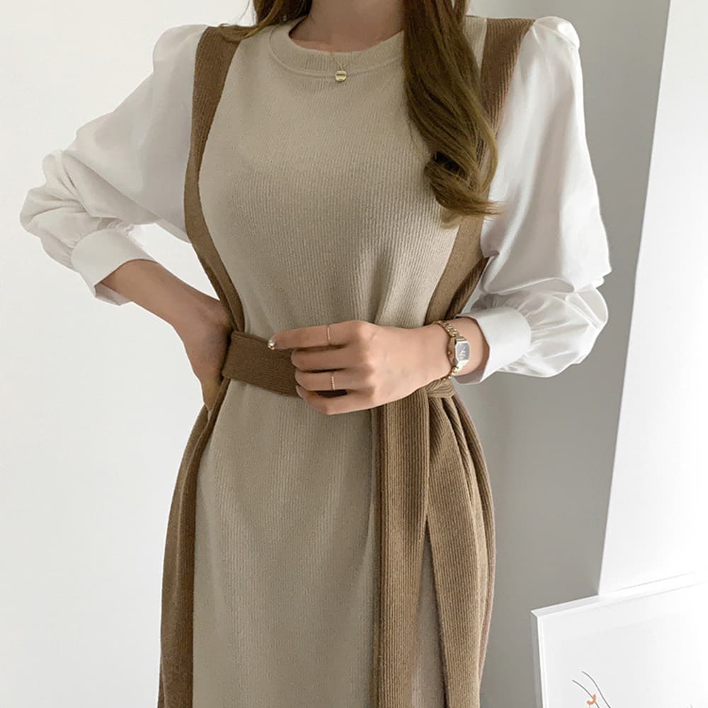 イエベ春/イエベ秋服 袖切り替え配色ニットワンピース長袖