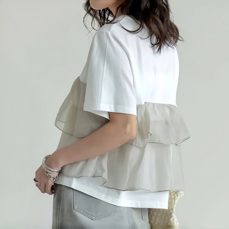 イエベ春服 フリル重ね着風カジュアルティーシャツ