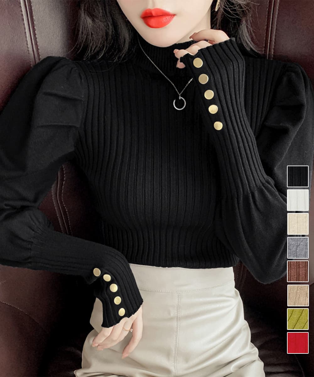 イエベ春/イエベ秋服 金ボタン付きハイネックニットトップス