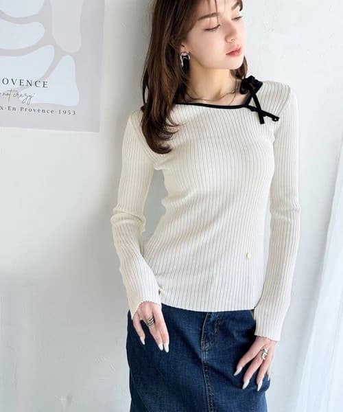 イエベ春/イエベ秋服 リボン結び細リブ柔らかニット