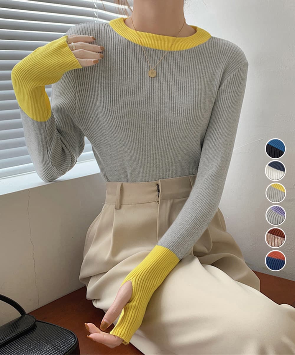 イエベ春/イエベ秋服 配色ニット 指穴付きリブニットプルオーバー