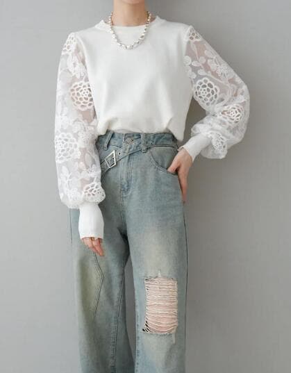 イエベ春服 レディース透かし編みレースブラウス長袖