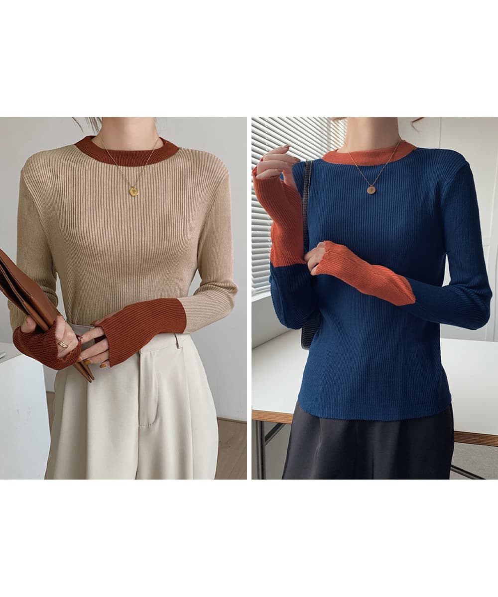 イエベ春/イエベ秋服 配色ニット 指穴付きリブニットプルオーバー