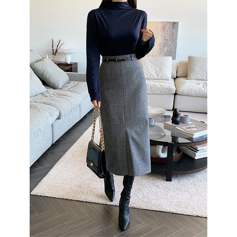 イエベ秋服 ヘリンボーン柄ウール混ハイウエストロングスカート
