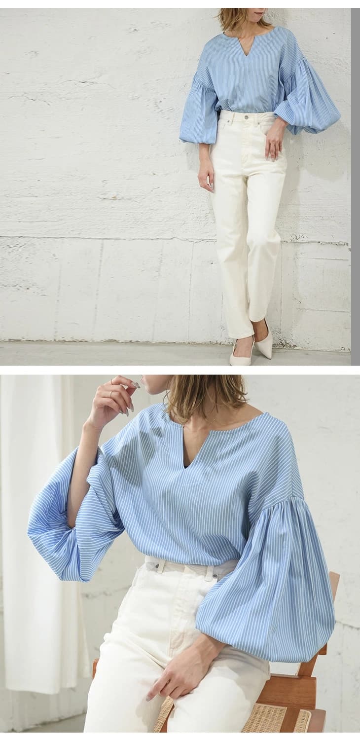 イエベ春/イエベ秋服 ボリューム袖キーネックブラウス