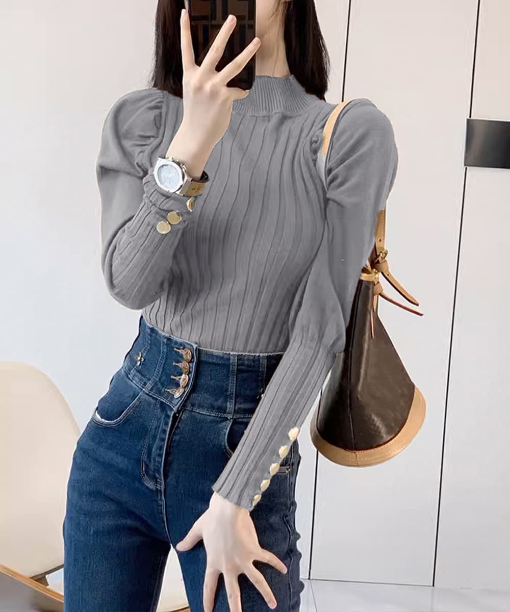 イエベ春/イエベ秋服 金ボタン付きハイネックニットトップス