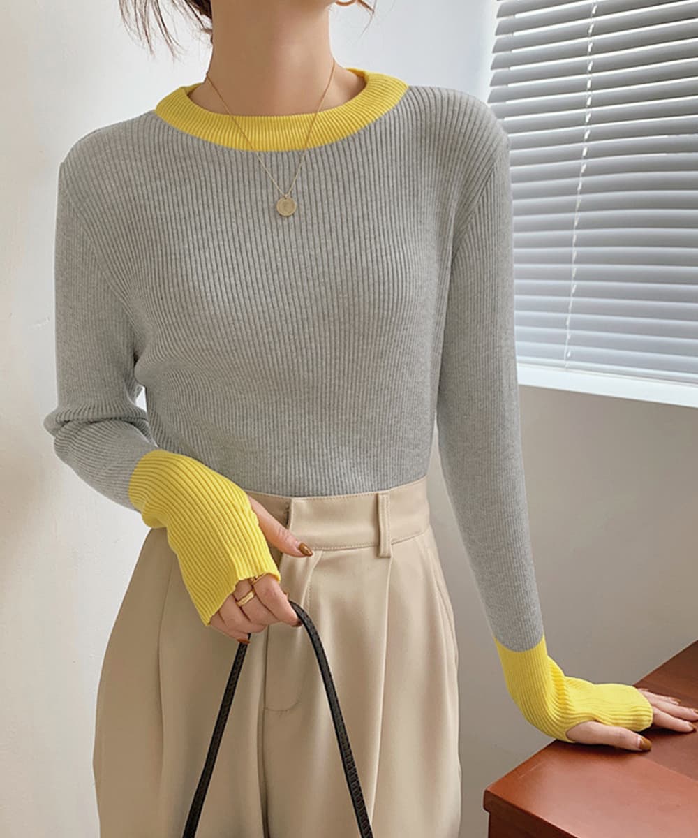 イエベ春/イエベ秋服 配色ニット 指穴付きリブニットプルオーバー