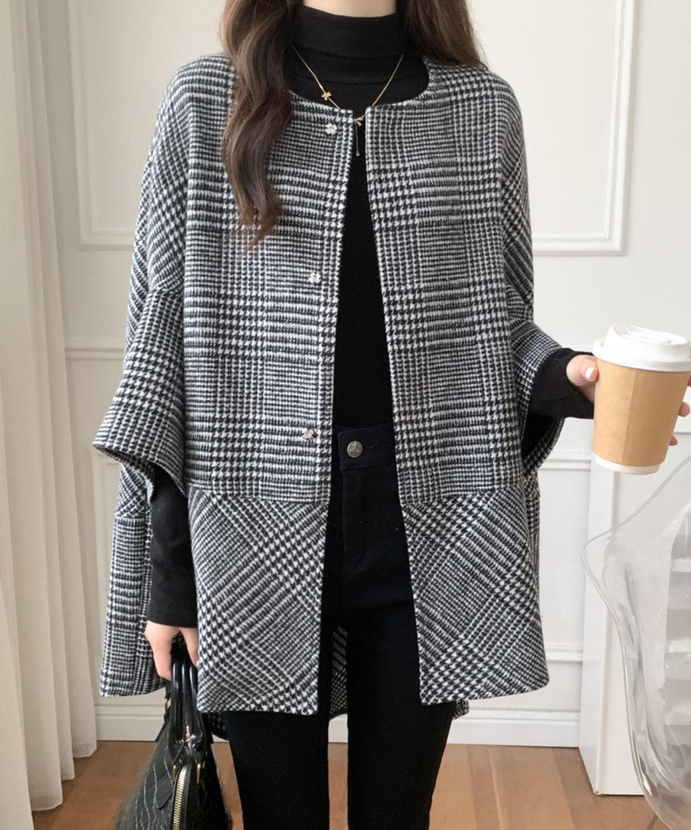 イエベ秋服 千鳥格子柄ノーカラーオーバーサイズコート