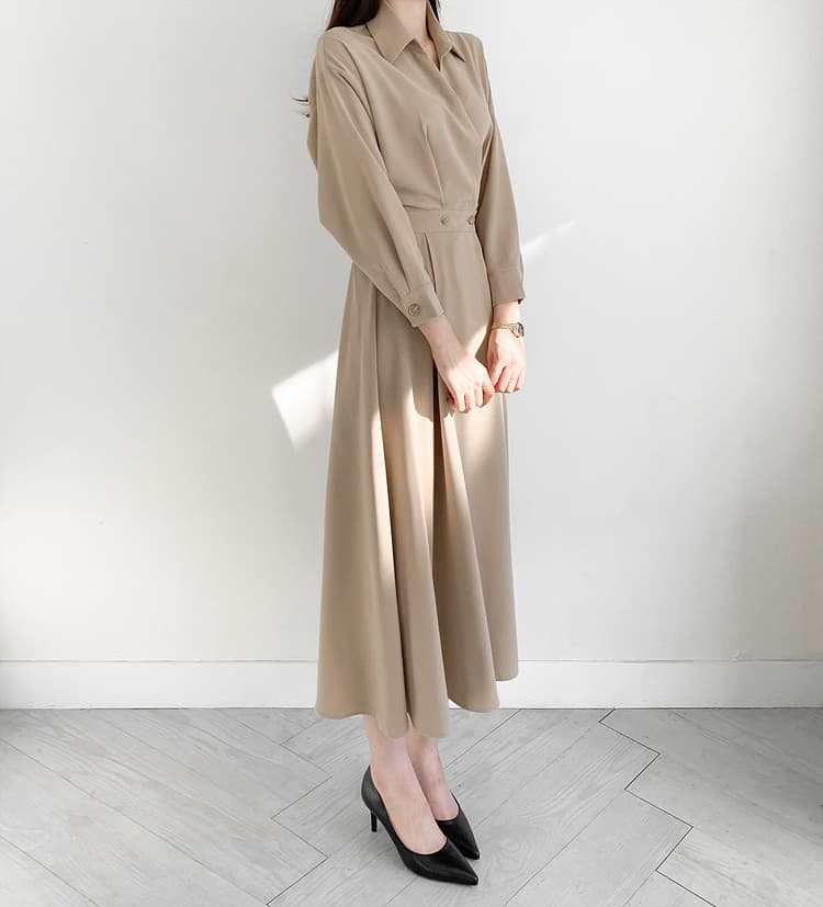 イエベ春/イエベ秋服 襟付きプリーツシャツワンピース
