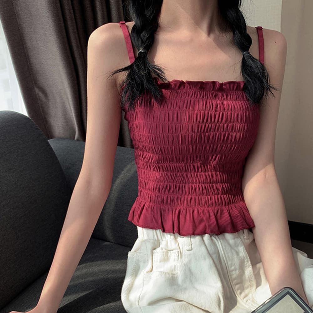 イエベ春/イエベ秋服 フリルベアトップ ストラップ付き 伸縮素材インナー