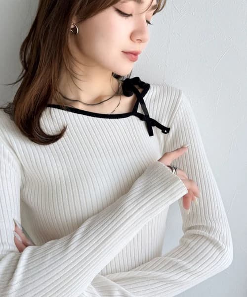 イエベ春/イエベ秋服 リボン結び細リブ柔らかニット