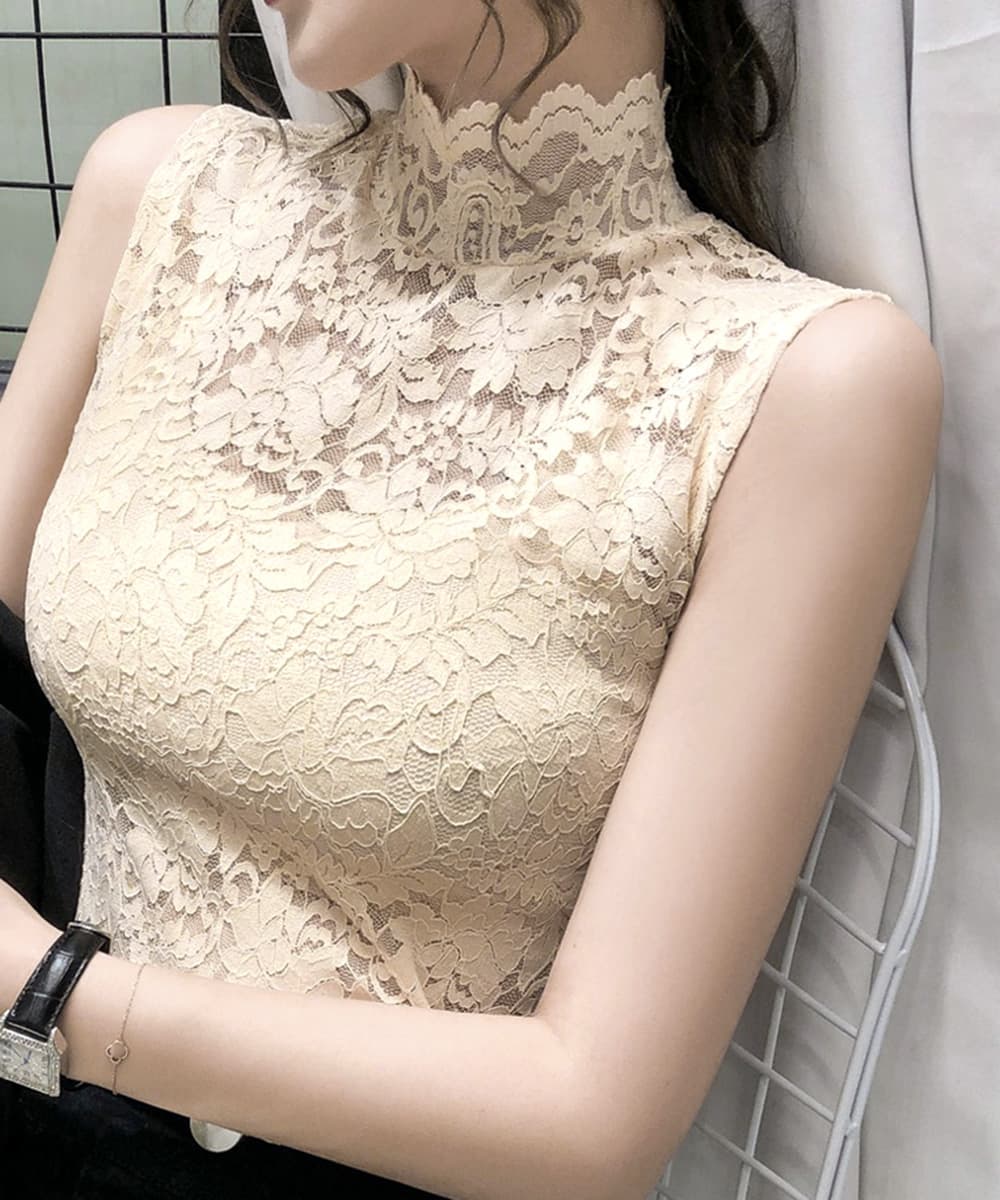 イエベ春/イエベ秋服 レース立ち襟ブラウス 透け感ノースリーブ重ね着シャツ