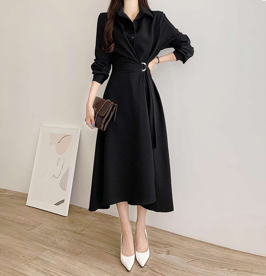 イエベ春/イエベ秋服 上品シルエット ベルテッドシャツワンピース