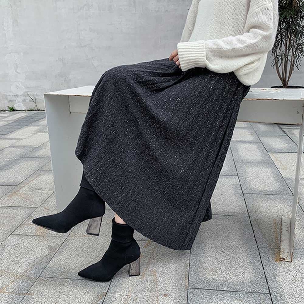 イエベ春/イエベ秋服 ラメ入りプリーツスカート ウエストゴム ミディアム丈