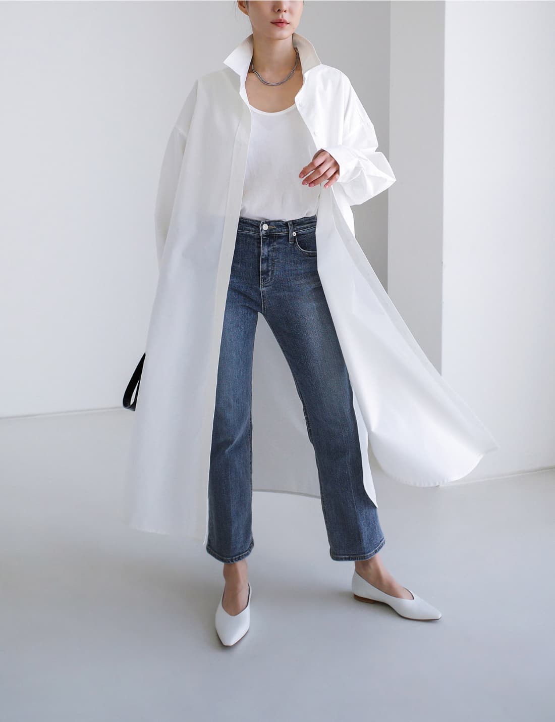 イエベ春服 洗練ゆったりマキシシャツワンピース