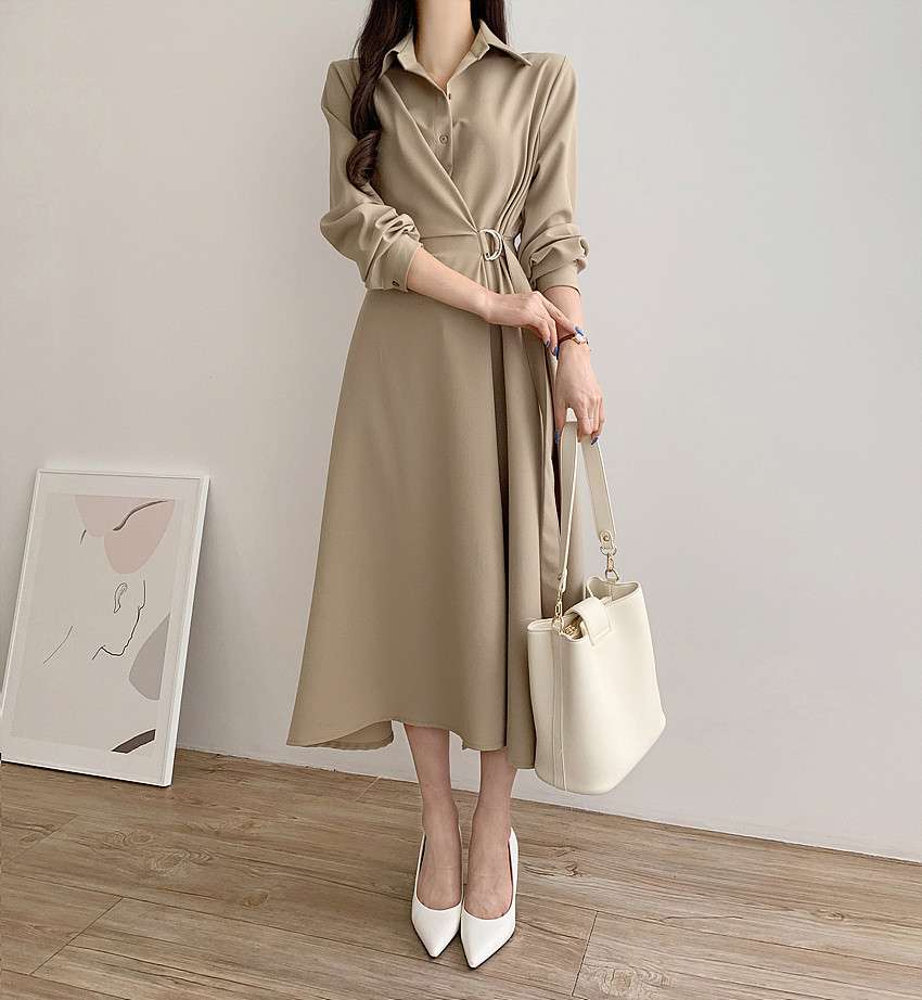 イエベ春/イエベ秋服 上品シルエット ベルテッドシャツワンピース