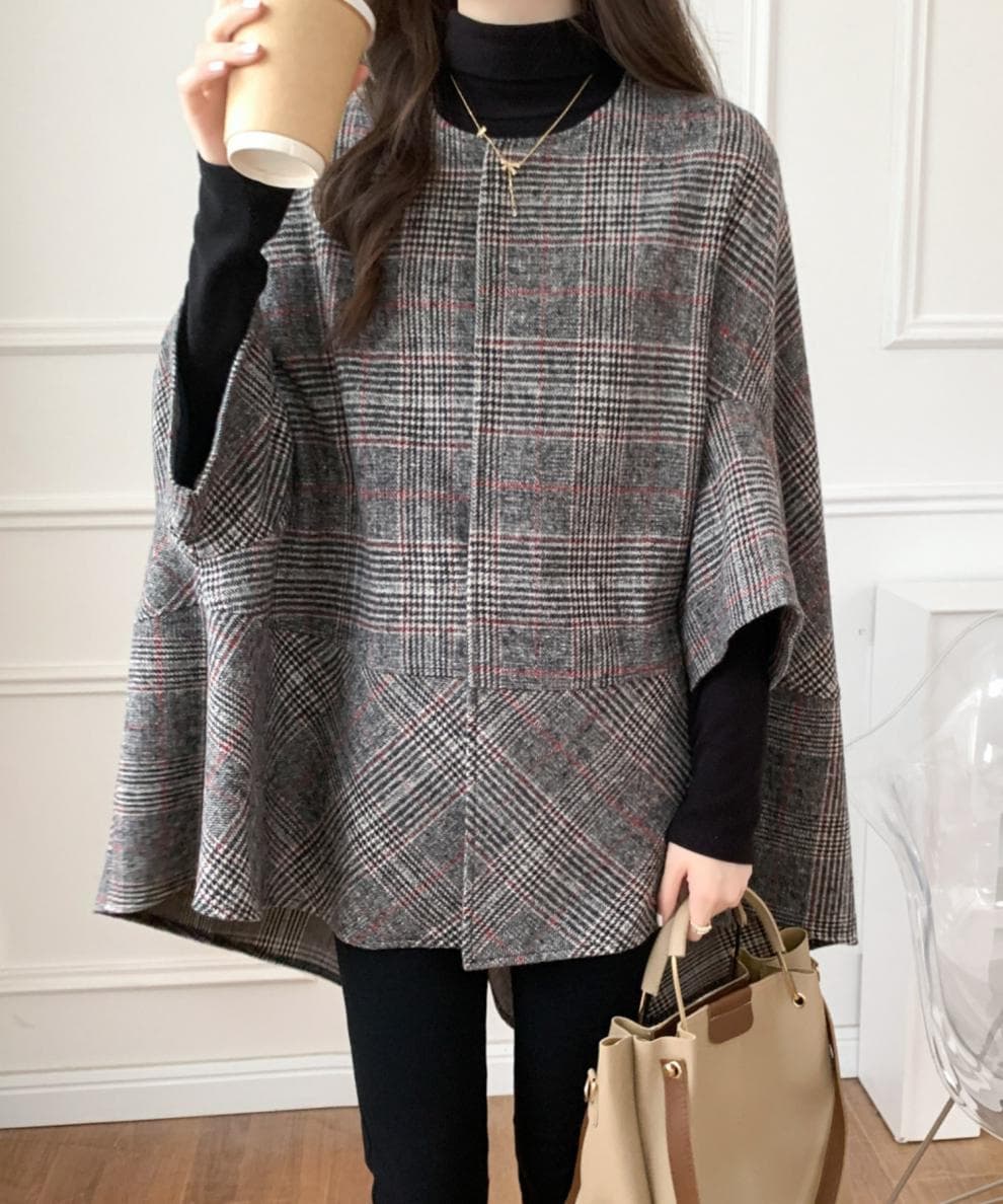 イエベ秋服 千鳥格子柄ノーカラーオーバーサイズコート