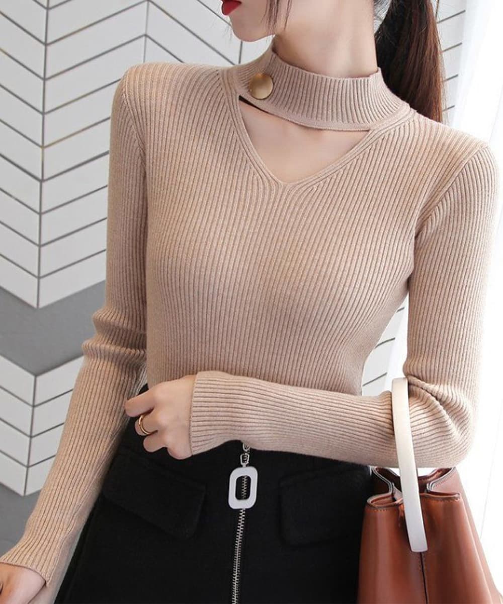 イエベ春/イエベ秋服 チョーカー風リブニット 着痩せ カーディガン